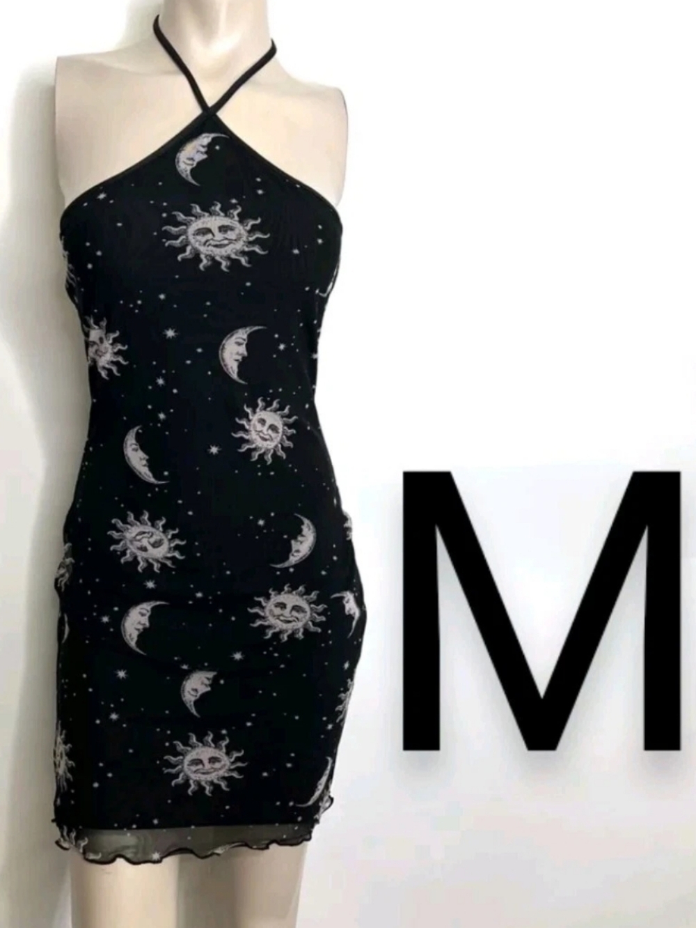 🆕Sun & Moon Print Black Mesh Halter Mini Dress   Size M
